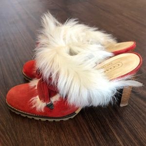 Faux fur Red Coach Mules
